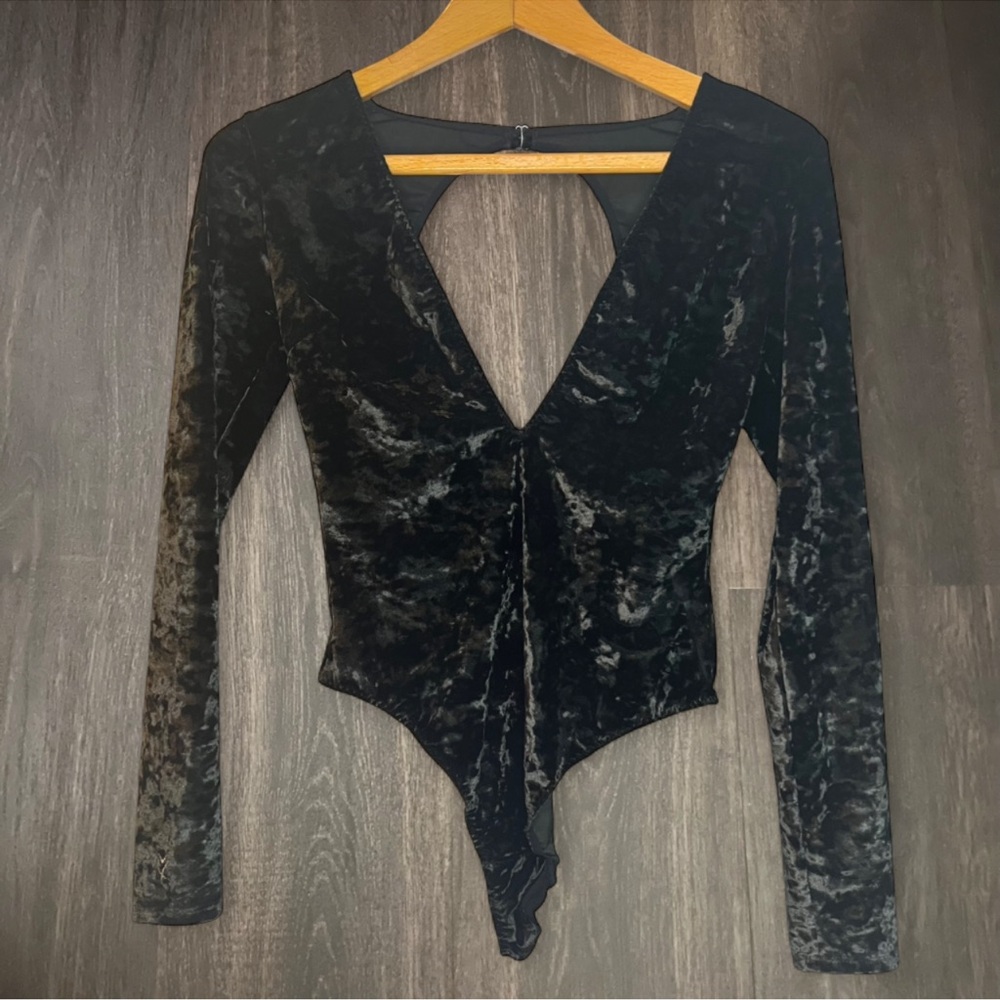 Victoria’s Secret Black Velvet Plunge Bodysuit | Long Sleeve